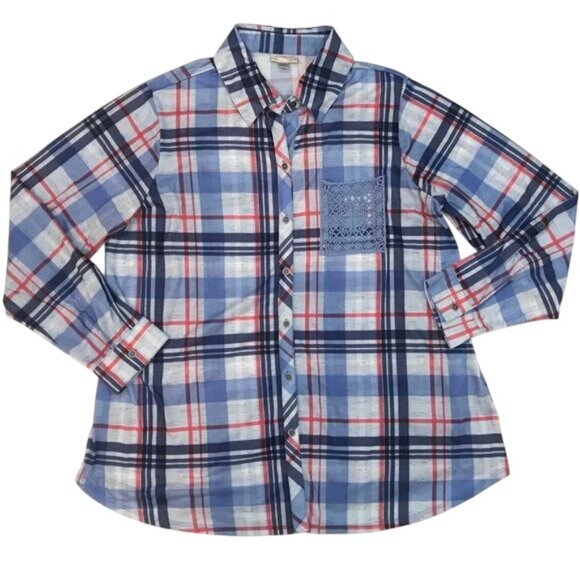 Avenue Plaid Button Up Shirt Crochet Pocket Long Sleeves Lightweight Size 14/16 - Picture 1 of 8